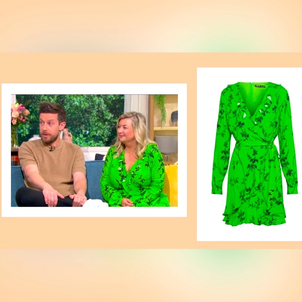 “DONATED” Karen Millen, Green Floral Long Sleeve Mini Faux Wrap Dress, UK 12/US8